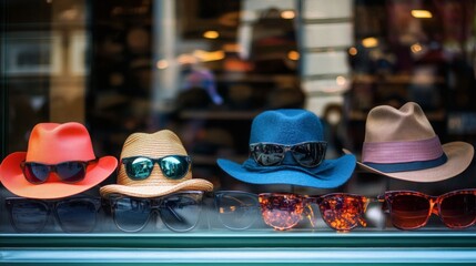 Colorful hats and sunglasses displayed in a shop window, city background, fashion retail