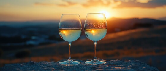Two wineglasses sit filled with white wine during sunset, reflecting sunlight offering tranquil landscape.