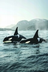 Obraz premium Two orcas in ocean, mountains behind, light blue sea water, sunlight, photo realistic.