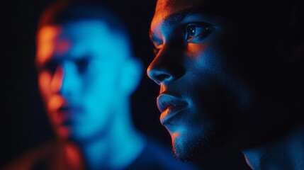Close-up portrait of two men illuminated by vibrant colors.