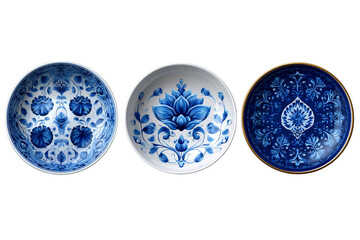 Decorative blue and white ceramic bowls showcase artisan workshop photography indoor setting close-up view cultural heritage