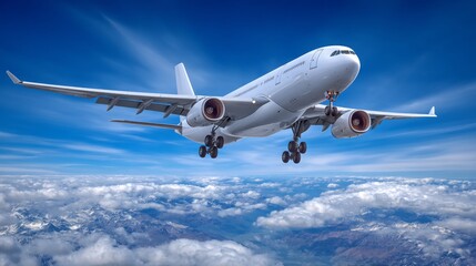 Obraz premium A commercial airplane flying above the clouds with a clear blue sky