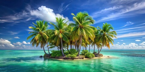 Naklejka premium Palm trees standing tall on a small island with vibrant green foliage and swaying leaves in the gentle ocean breeze, island, turquoise water