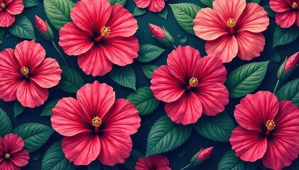 Obraz premium Intricate hibiscus blossoms, vibrant hues, repeating pattern, art, fabric