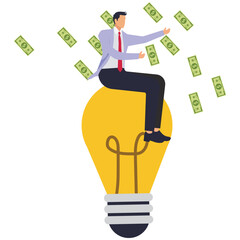 A businessman sits looking up and dollar bills are scattered. Illustration of overspending, big spending, too much shopping