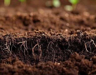Close-up of freshly dug soil with visible plant roots, rich brown texture