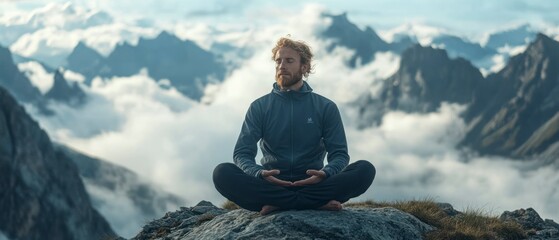 Bearded man meditates in lotus position on mountain peak, practicing mindfulness amidst breathtaking vista.