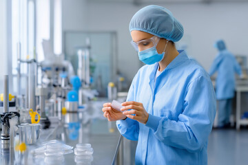 Scientist in a lab coat examines samples with precision while colleagues conduct experiments in a modern laboratory setting