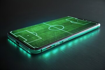Futuristic Smartphone Soccer Field Display – Digital Gaming Immersion in Tech Glow
