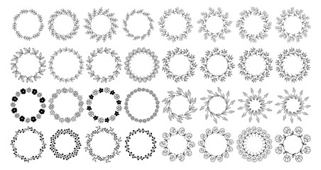 Line art flower circle frame set. Hand drawn black round line border, leaves and flowers, wedding invitation and cards, logo design and posters template. Elegant minimal style floral isolated set