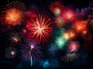 Fototapeta premium Brightly colored fireworks illuminate the dark sky, creating a festive atmosphere filled with various shapes and patterns. The display captures the joy and excitement of a celebration at night