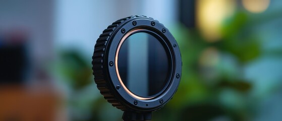 Lens filter reflects environment against blurred background, exhibiting sleek design with sophisticated craftsmanship.