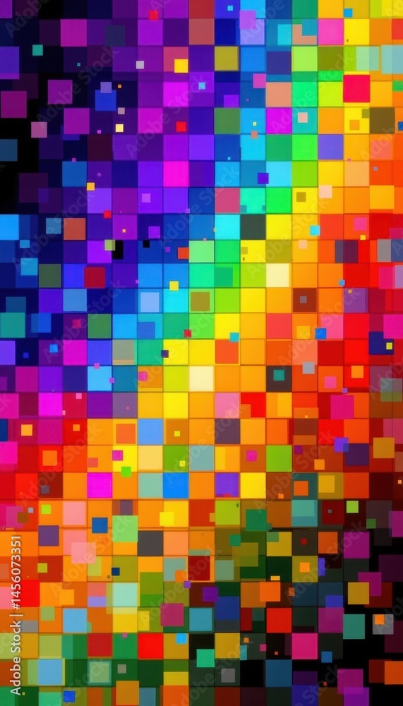 Poster a vibrant and dynamic mosaic of square pixels in a rainbow of colors, creating a mesmerizing abstrac