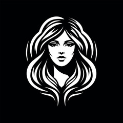 Stylized female face with flowing hair in monochrome. A bold, elegant vector perfect for beauty brands, salon logos, tattoos, and fashion projects. High contrast black and white design.