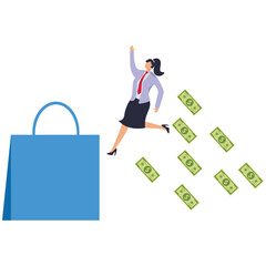A businesswoman jumps over a large shopping bag and money scatters behind him. Illustration of overspending, big spending, too much shopping