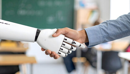 Robot and Teacher Handshake in Classroom
