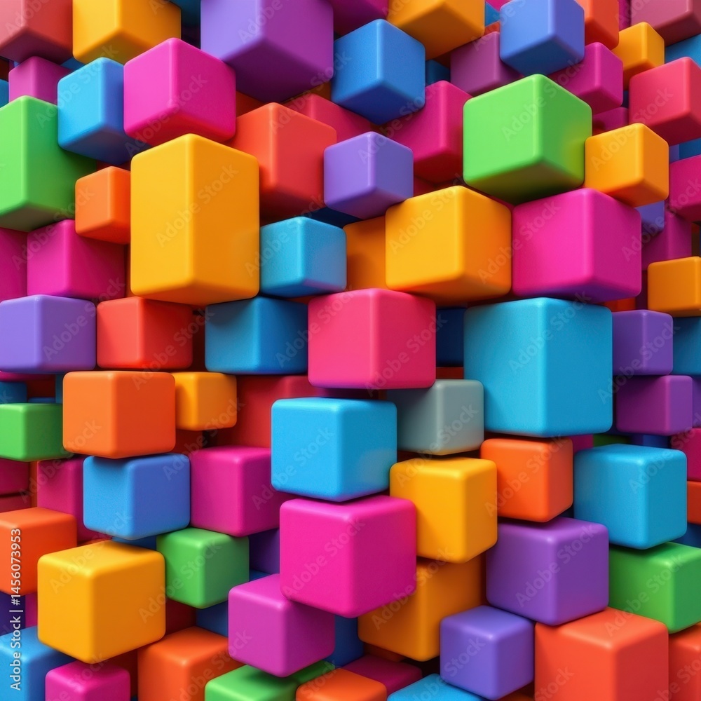 Poster a captivating and dynamic composition of colorful cubes overlapped and interlocked in various sizes 
