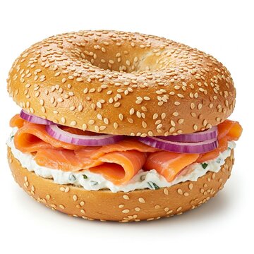 bagel sandwith with sesame seeds, on white background