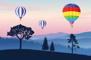 Colorful Hot Air Balloons Floating Over Serene Mountain Landscape at Dusk with Stunning Sunset Sky