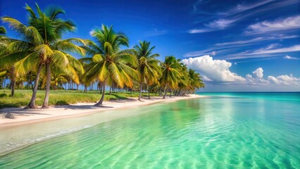 Warm sunny day at Varadero beach in Cuba with lush green palm trees standing tall and crystal clear turquoise water lapping gently against the shore, sunshine, beach