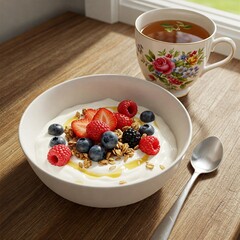 Clear Glass Bowl of Yogurt with Strawberries, Blueberries, and Granola on White Background