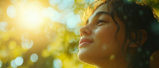 Fototapeta premium Teenage girl looks up with hopeful facial expression, bathed in sunshine, contemplating life.