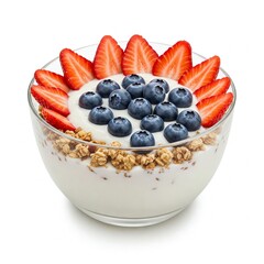 Clear Glass Bowl of Yogurt with Strawberries, Blueberries, and Granola on White Background