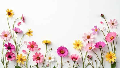 Delicate scattered wildflowers on white backdrop, soft, simple