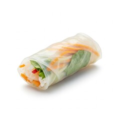 A single, translucent Vietnamese fresh spring roll, also known as Goi Cuon, is presented diagonally on a pure white background. 