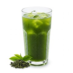 Iced Green Tea with Loose Leaf Tea and Ice. A clear glass filled with iced green tea, featuring visible ice cubes, positioned on a pure white background. A small pile of loose green tea leaves