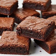 A close-up, appetizing pile of freshly baked square chocolate brownies, featuring characteristic crinkled tops and a moist, dense texture