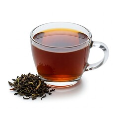  A clear glass cup filled with brewed black tea, accompanied by a small pile of dry, loose leaf black tea, isolated on a white background