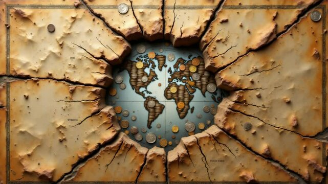 A cracked, vintage map reveals a world map filled with scattered coins, symbolizing global finance and economic disruption.