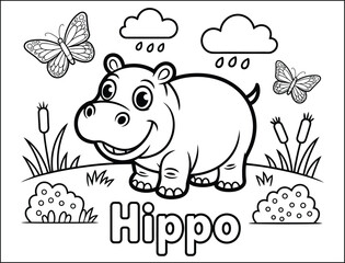 Adorable Cartoon Hippo Coloring Page with Butterflies