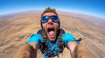 Excited skydiver capturing a thrilling selfie during freefall