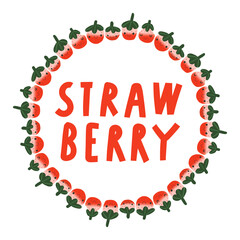 Vector illustration of strawberries and cute lettering word of strawberry on a white background