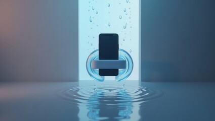 Shower Phone Holder. Black smartphone sinking underwater drops water r