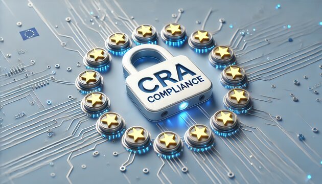 CRA Compliance Lock Surrounded by Gold Stars on Tech Circuit Background