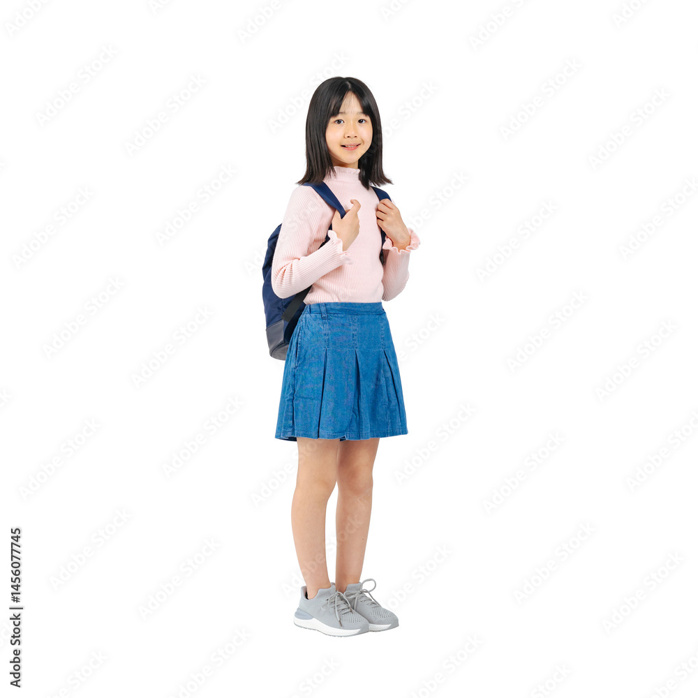 Aufkleber 笑顔でリュックを背負う小学生の女の子　手作業で精密に切り抜いた背景透過全身写真png