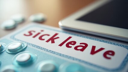 Sick Leave. Close-up pills blister pack sick leave note smartphone wor