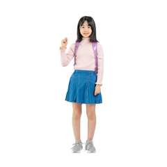 ガッツポーズするランドセルを背負った小学生の女の子　手作業で精密に切り抜いた背景透過全身写真PNG