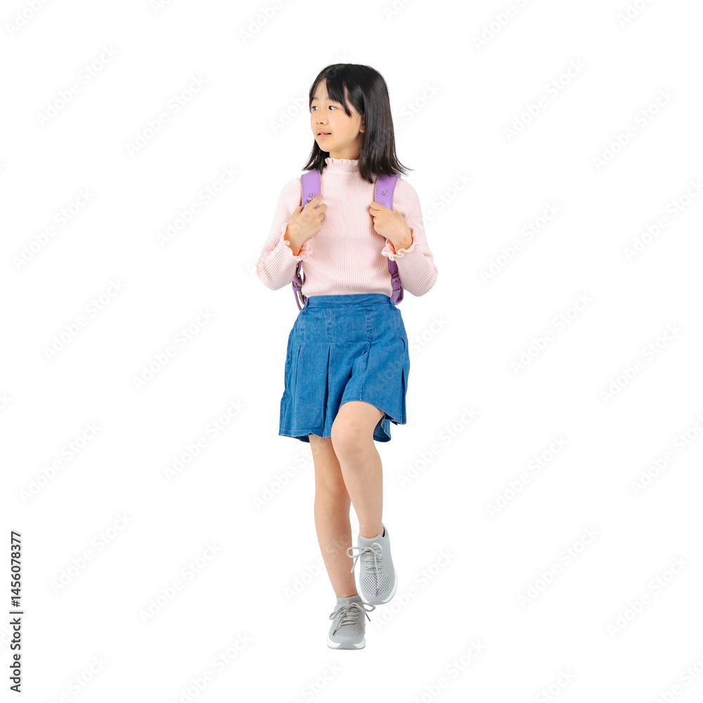 Aufkleber 前向きに歩くランドセルを背負った小学生の女の子　手作業で精密に切り抜いた背景透過全身写真png