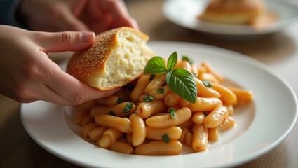 Sighi. Spend With Pennies dashpass Taming twins Gluten-Free Pasta isfood Plant-based meat Brami banza TasteAtlas NotCo Close-up hands breaking fresh bread white beans basil plat