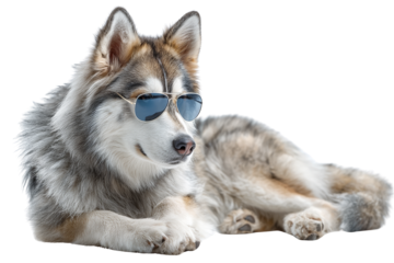 Playful dog in sunglasses indoor setting animal portrait relaxed environment close-up view fun concept for pet lovers