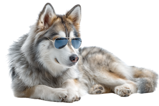 Playful dog in sunglasses indoor setting animal portrait relaxed environment close-up view fun concept for pet lovers