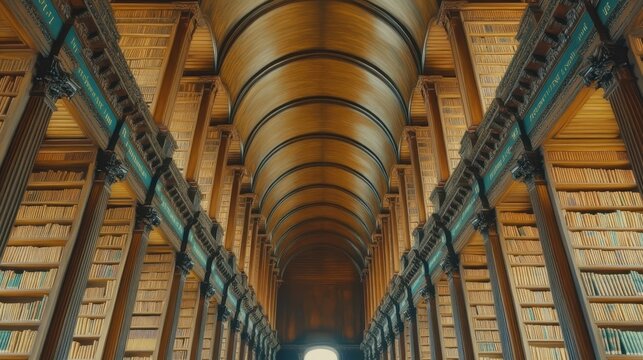 Architectural marvel captivating interior design featuring an ornate library with arched ceilings and endless rows of knowledge seekers vision