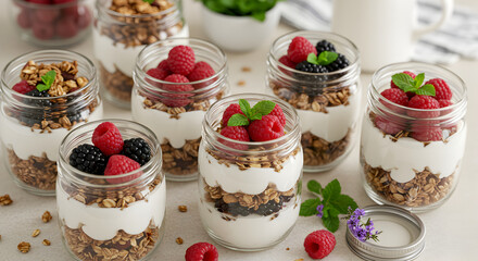 Granola Parfaits Served In Glass Jars With Fresh Berries And Creamy Yogurt