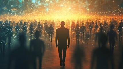 Fototapeta premium Silhouette man walking through crowd network digital art dark glow path human light lines group style