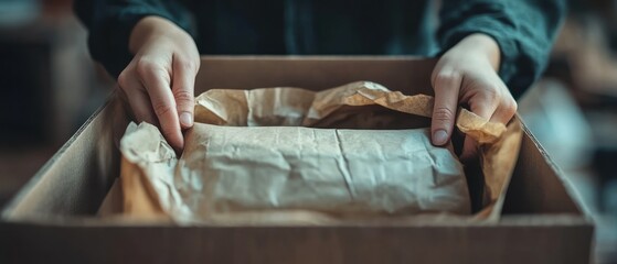 Young adult carefully unpacks brown kraft paper from shipping box, revealing its contents.