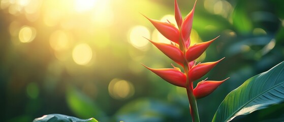Heliconia flower stands gracefully, bathing under warm sunlight, showcasing vibrant petals amidst lush greenery, capturing tropical essence.
